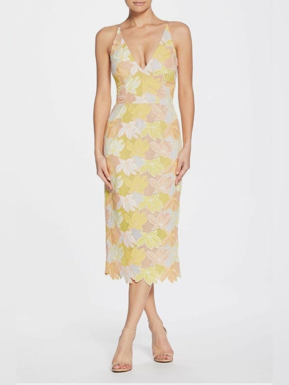 Dress the Population Lemon Yellow & White Floral Lace Midi Dress